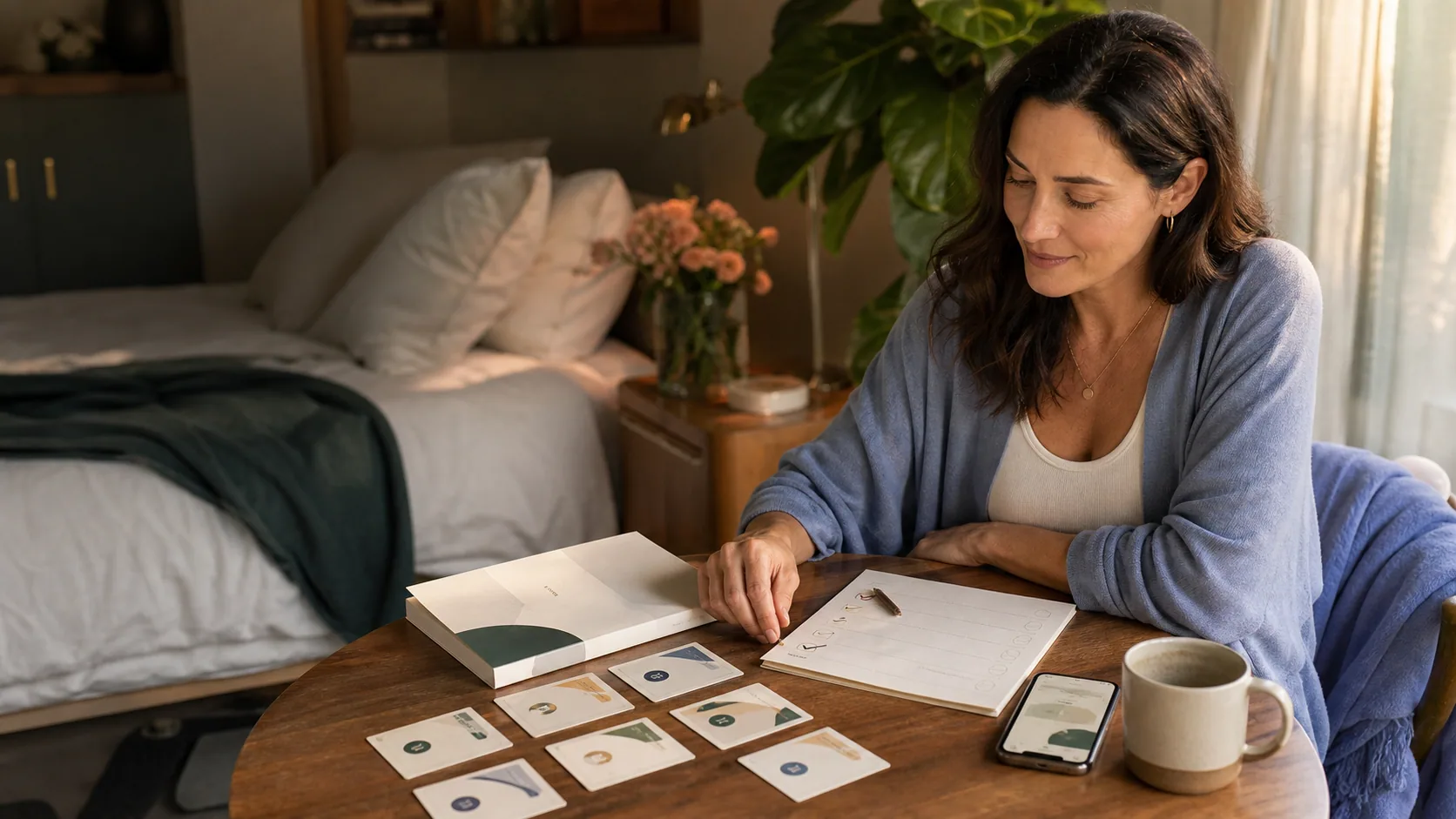 A woman reviewing a personal wellness plan in calm morning light