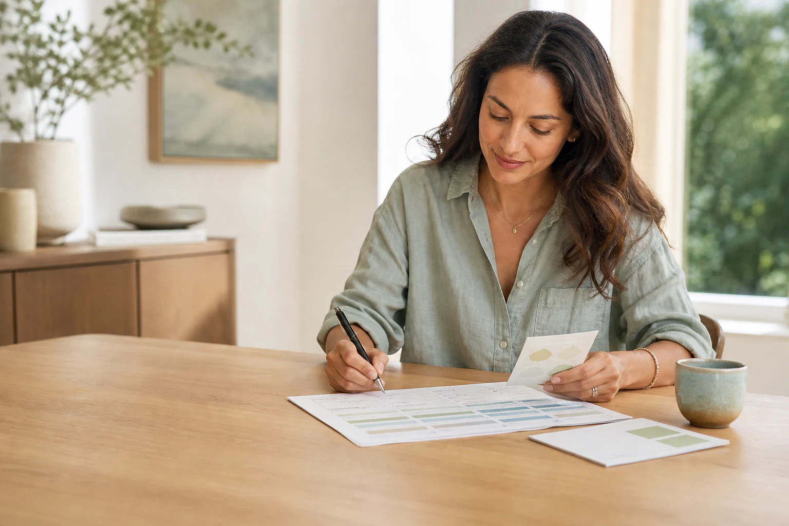 A woman reviewing feedback and adjusting her personal rhythm plan in bright morning light